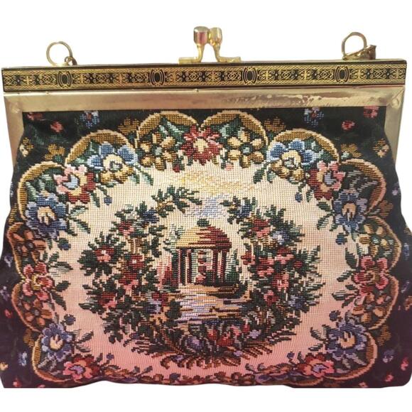 Vintage Floral Tapestry Handbag with Wrist Chain Strap